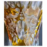Vintage Bohemian Amber Cut to Clear Crystal Vase Etched Floral Vase