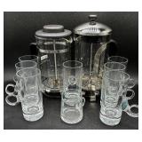 Coffee Collection - Two French Coffee Presses and Blown Glass Irish Coffee Mugs & Creamer