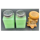Vintage Tablecraft Jadeite Glass Salt & Pepper Set and Vintage Greentown Chocolate Slag Art Glass Cactus Toothpick Holder