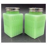 Vintage Tablecraft Jadeite Glass Salt & Pepper Set and Vintage Greentown Chocolate Slag Art Glass Cactus Toothpick Holder