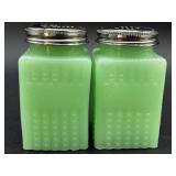 Vintage Tablecraft Jadeite Glass Salt & Pepper Set and Vintage Greentown Chocolate Slag Art Glass Cactus Toothpick Holder