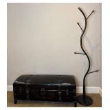 Vintage Style Dark Brown Ottoman Storage Entry Bench with Faux Leather and Buckles plus Metal & Wood Hall Coat Rack