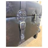 Vintage Style Dark Brown Ottoman Storage Entry Bench with Faux Leather and Buckles plus Metal & Wood Hall Coat Rack