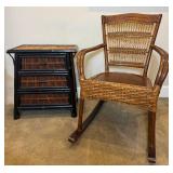 Bamboo and Wicker 3 Drawer Side Table  with Wicker Rocking Chair