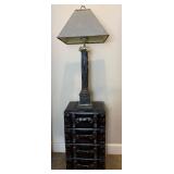 Vintage Style 4 Drawer Faux Leather Luggage Accent Table and Distressed Molded Plaster Tall Table Lamp
