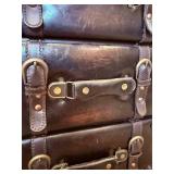 Vintage Style 4 Drawer Faux Leather Luggage Accent Table and Distressed Molded Plaster Tall Table Lamp