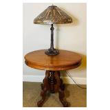 Antique Victorian Style Parlor Table and Tiffany Style Stained Glass Table Lamp