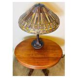 Antique Victorian Style Parlor Table and Tiffany Style Stained Glass Table Lamp