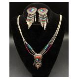 Southwest QT Sterling Silver 5 Strand Heart Inlay Necklace and Earring Set