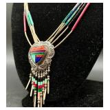 Southwest QT Sterling Silver 5 Strand Heart Inlay Necklace and Earring Set