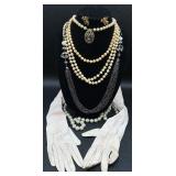 Vintage Jewelry Selection with Faux Pearl Necklaces, Cameos, Pins and Long Gloves