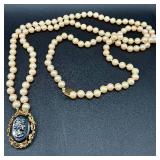 Vintage Jewelry Selection with Faux Pearl Necklaces, Cameos, Pins and Long Gloves