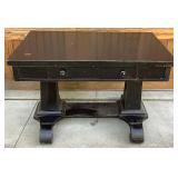 Vintage Black Wooden Library Table with Trestle Base Design