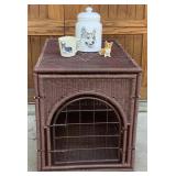 Brown Wicker Style Pet Crate Table with Corgi Treat Jar, Mug & Sculpture