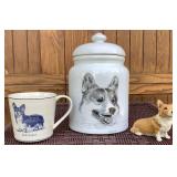 Brown Wicker Style Pet Crate Table with Corgi Treat Jar, Mug & Sculpture