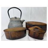 Thai Handcrafted Bamboo and Rattan Tobacco Boxes plus Japanese-Style Cast Iron Teapot