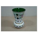 Vintage Boho Biedermeier Floral Green & Gold Glass Vase