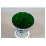 Vintage Boho Biedermeier Floral Green & Gold Glass Vase
