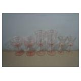 Pink Optic Rippled Thistle Glasses with Morgan Town Pink Etched Wine Glasses