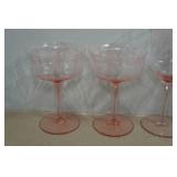 Pink Optic Rippled Thistle Glasses with Morgan Town Pink Etched Wine Glasses