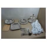 Assorted Tableware - Silver Serving Trays, Utensils, Cutting Boards
