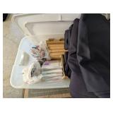 Bin of scrapbook/album sheets, tape and supplies