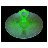 K3 - Anchor Hocking Mayfair Rose Uranium Glass Tidbit Tray - Vintage Depression Glass
