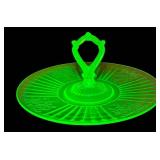 K - Vintage Anchor Hocking Mayfair Rose Pattern Uranium Green Depression Glass Tidbit Tray