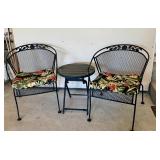 G - Three-Piece Outdoor Patio Set with Floral Cushions - Metal Mesh Chairs & Round Table