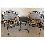 G - Three-Piece Outdoor Patio Set with Floral Cushions - Metal Mesh Chairs & Round Table