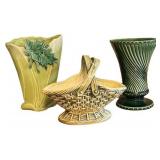 K - Vintage McCoy Floraline Spiral Vase - McCoy Basketweave Planter - McCoy Rustic Leaf Vase (Lot of 3)