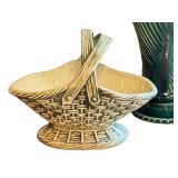 K - Vintage McCoy Floraline Spiral Vase - McCoy Basketweave Planter - McCoy Rustic Leaf Vase (Lot of 3)