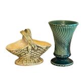 K - Vintage McCoy Floraline Spiral Vase - McCoy Basketweave Planter - McCoy Rustic Leaf Vase (Lot of 3)