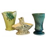 K - Vintage McCoy Floraline Spiral Vase - McCoy Basketweave Planter - McCoy Rustic Leaf Vase (Lot of 3)