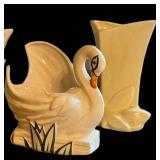 K - Vintage McCoy Lily Bud Tulip Vase, Double Tulip Vase & Swan Figurine Vase (Lot of 3)
