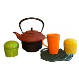 K - Assorted Tea Time Teaware - Teapot, Tea Canisters & Trivet, Pre-Owned