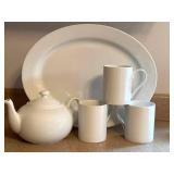 LR - Fitz and Floyd Everyday White Porcelain Platter, Teapot & 3 Mugs (Lot of 5)
