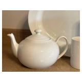 LR - Fitz and Floyd Everyday White Porcelain Platter, Teapot & 3 Mugs (Lot of 5)
