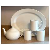 LR - Fitz and Floyd Everyday White Porcelain Platter, Teapot & 3 Mugs (Lot of 5)