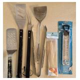 LR - Assorted Barbecue Tools - Spatulas, Tongs, Skewers & Thermometer