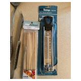 LR - Assorted Barbecue Tools - Spatulas, Tongs, Skewers & Thermometer