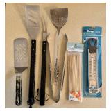 LR - Assorted Barbecue Tools - Spatulas, Tongs, Skewers & Thermometer