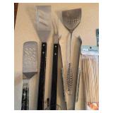 LR - Assorted Barbecue Tools - Spatulas, Tongs, Skewers & Thermometer
