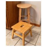 K - Two Oak Stools - 24-Inch Round-Seat Stool (12.5 Dia) & 12-Inch Square-Seat Stool (11x11)