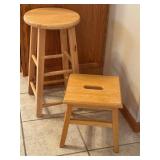K - Two Oak Stools - 24-Inch Round-Seat Stool (12.5 Dia) & 12-Inch Square-Seat Stool (11x11)