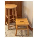 K - Two Oak Stools - 24-Inch Round-Seat Stool (12.5 Dia) & 12-Inch Square-Seat Stool (11x11)