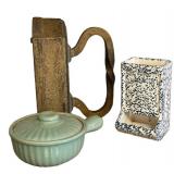 K - McCoy Pottery Match Holder, Vintage Glazed Covered Dish & Antique Iron Door Stop (Lot of 3)