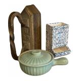 K - McCoy Pottery Match Holder, Vintage Glazed Covered Dish & Antique Iron Door Stop (Lot of 3)
