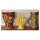 Vintage McCoy Pottery Grape Cluster Vase, Pitcher/Ewer with Grapes & Leaves, Yellow Fan Vase (Lot of 3)