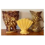 Vintage McCoy Pottery Grape Cluster Vase, Pitcher/Ewer with Grapes & Leaves, Yellow Fan Vase (Lot of 3)